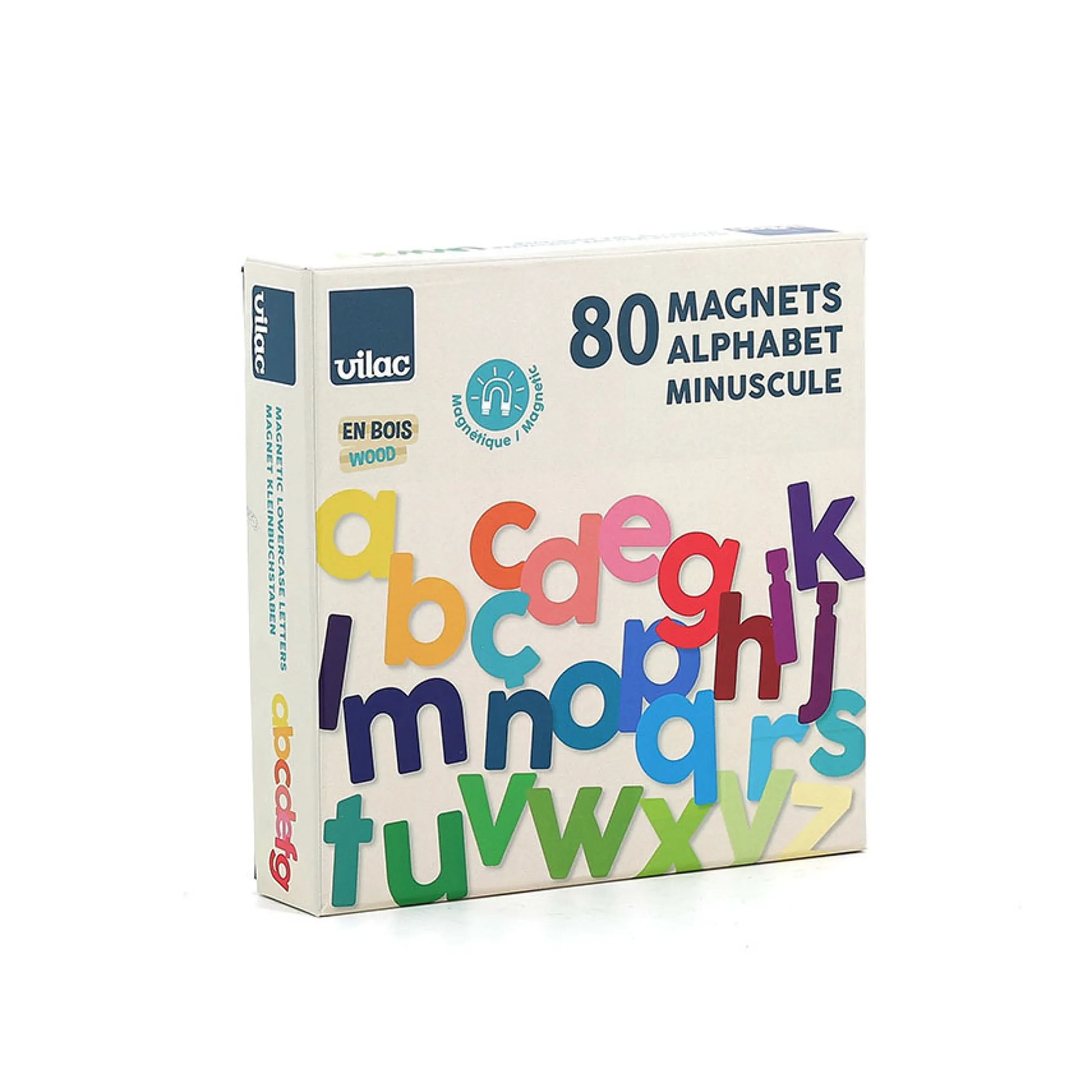 Coffret de magnets en bois, 80 lettres minuscules