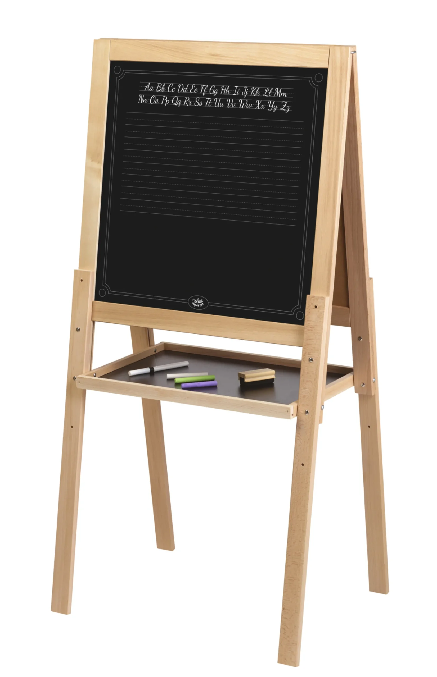 Grand tableau sur pied en bois, double face craie et feutre effaçable