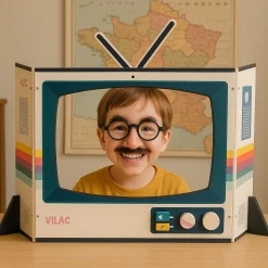 Télévision vintage en bois, jeu d’imitation et d’expression