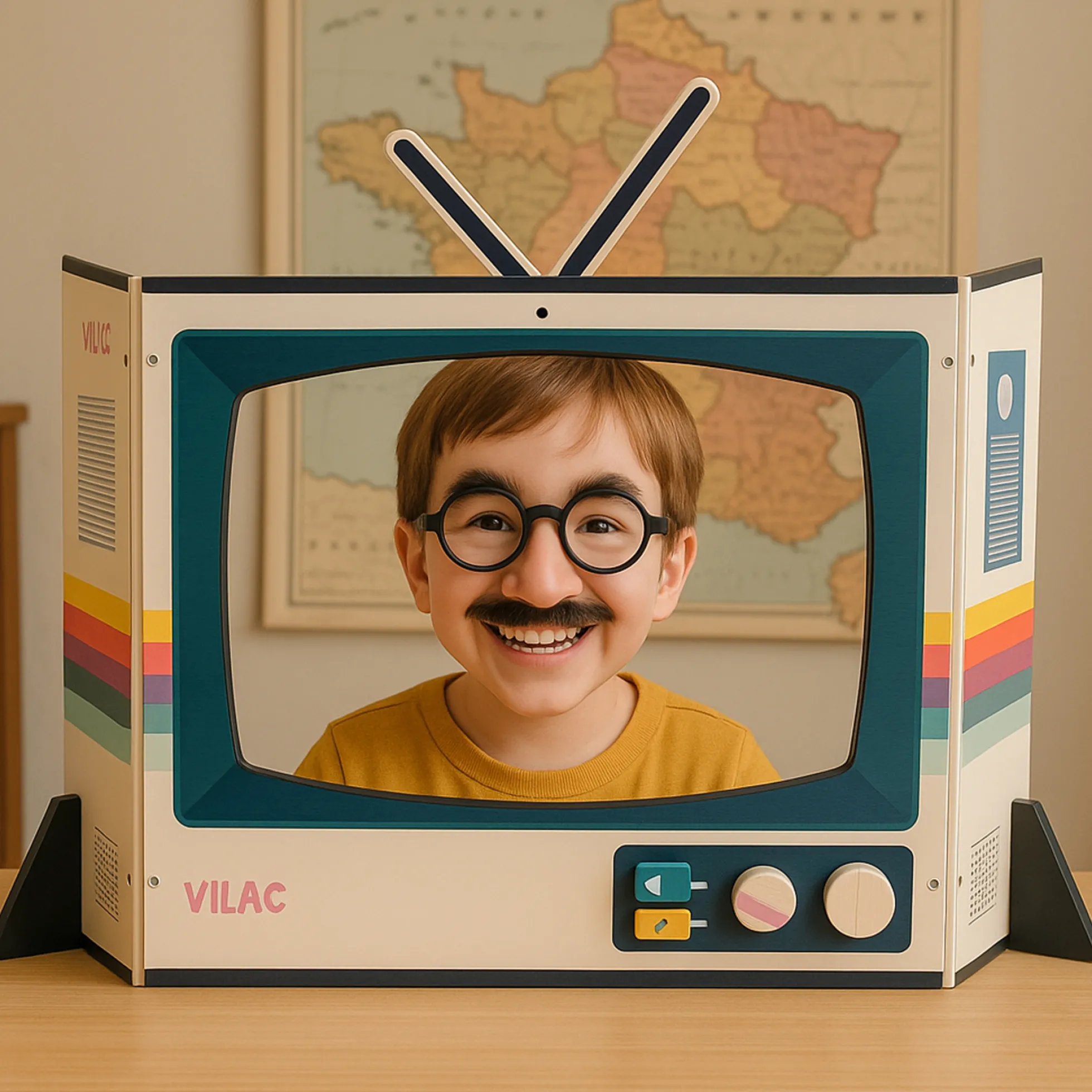 Télévision vintage en bois, jeu d’imitation et d’expression